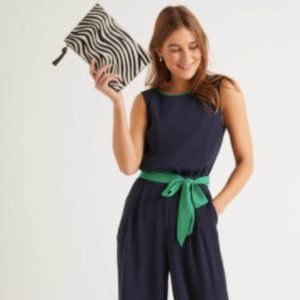 Boden Navy Jumpsuit with Green Tie Waist
